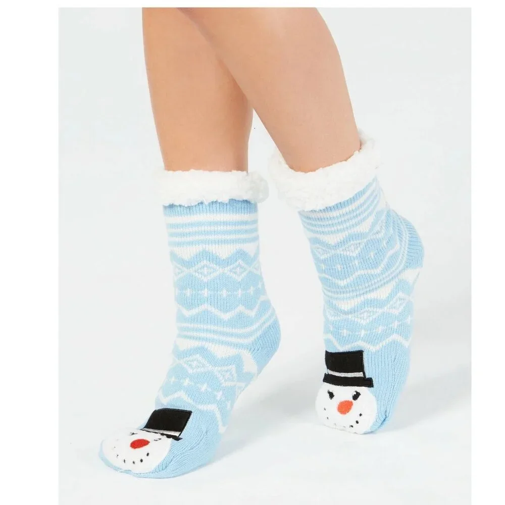 Charter Club Women's Christmas Snowman Fuzzy Face Slipper Socks, Light Blue